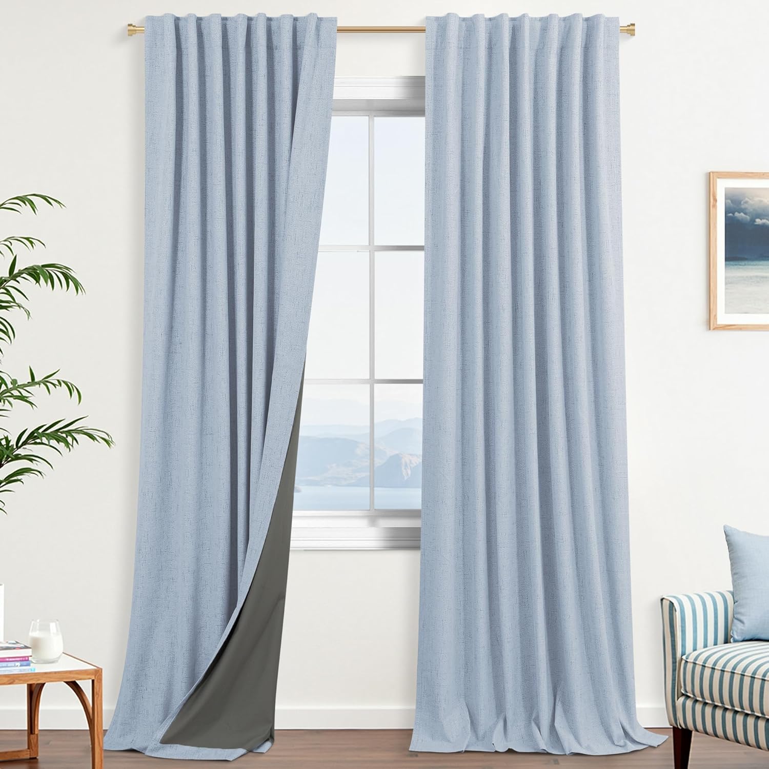 KOUFALL Light Blue Back Tab Linen Blackout Curtains for Home