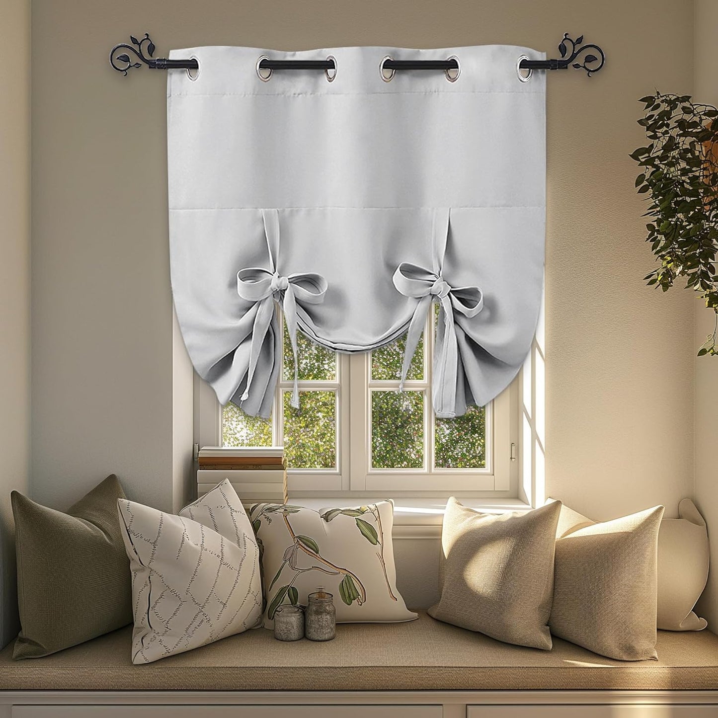 Room Darkening Tie Up Curtain - Elegant Greyish White Roman Shade