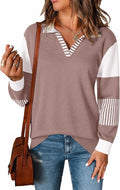 LOMON V Neck Long Sleeve Loose Sweaters Color Block Striped Knitted