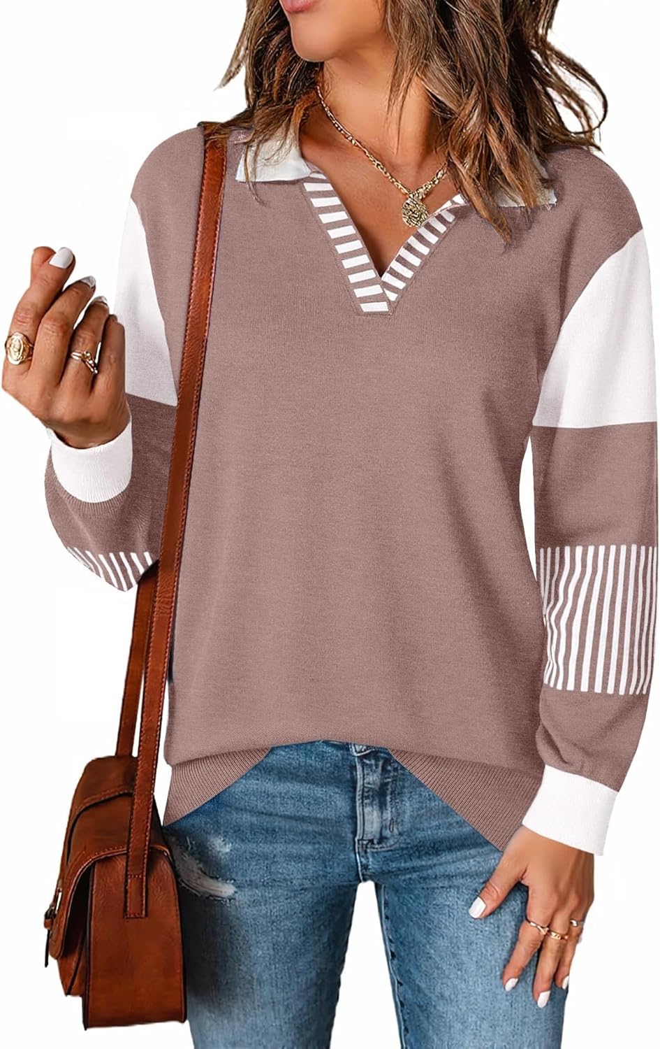 LOMON V Neck Long Sleeve Loose Sweaters for Stylish Comfort