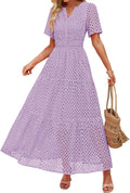 Women's Summer Eyelet V Neck Maxi Dress - Flowy A Line Casual