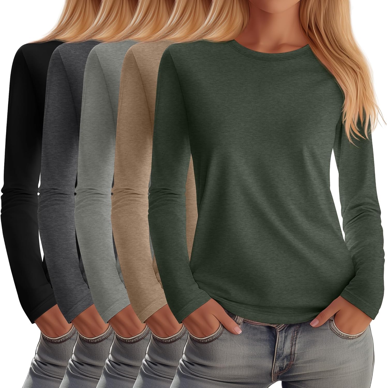 Huukeay Women's Crew Neck Long Sleeve Shirts for Casual Wear