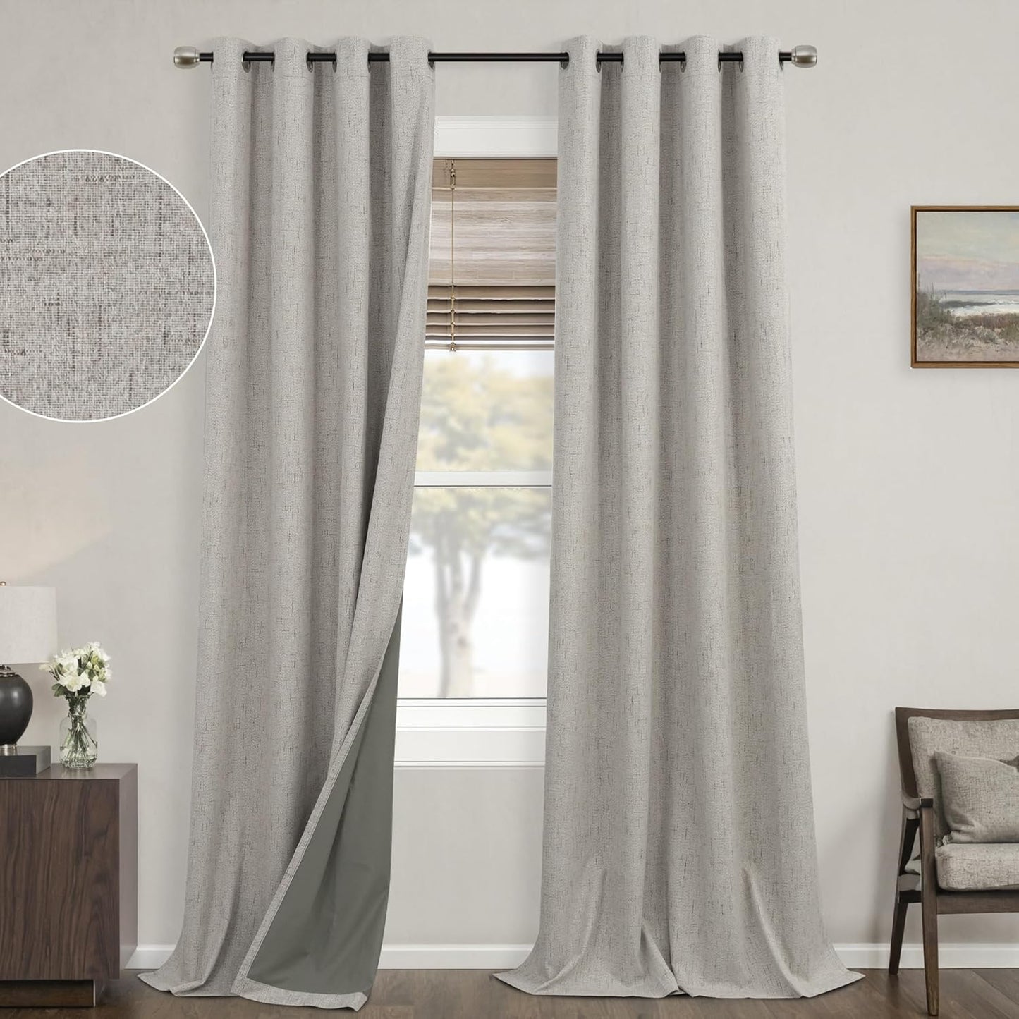 Mrs.Naturall Taupe Grommet Linen Blackout Curtains for Home