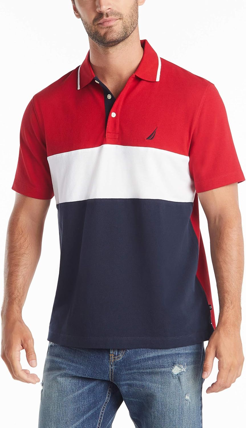 Nautica Men's Short Sleeve Cotton Pique Color Block Polo Shirt