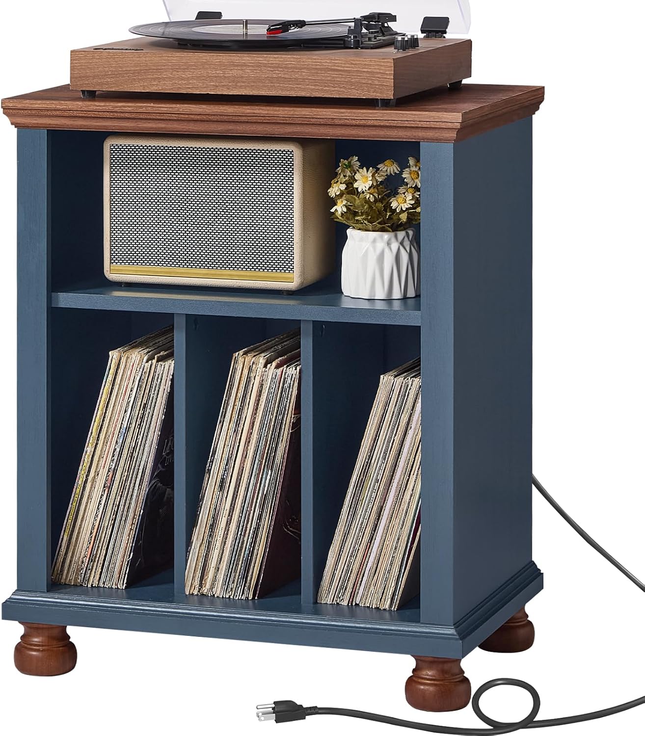 Mid-Century Record Player Stand with Charging Station for Vinyl