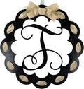 Letter T Monogrammed Door Hanger - 20in Scallop Burlap Bow