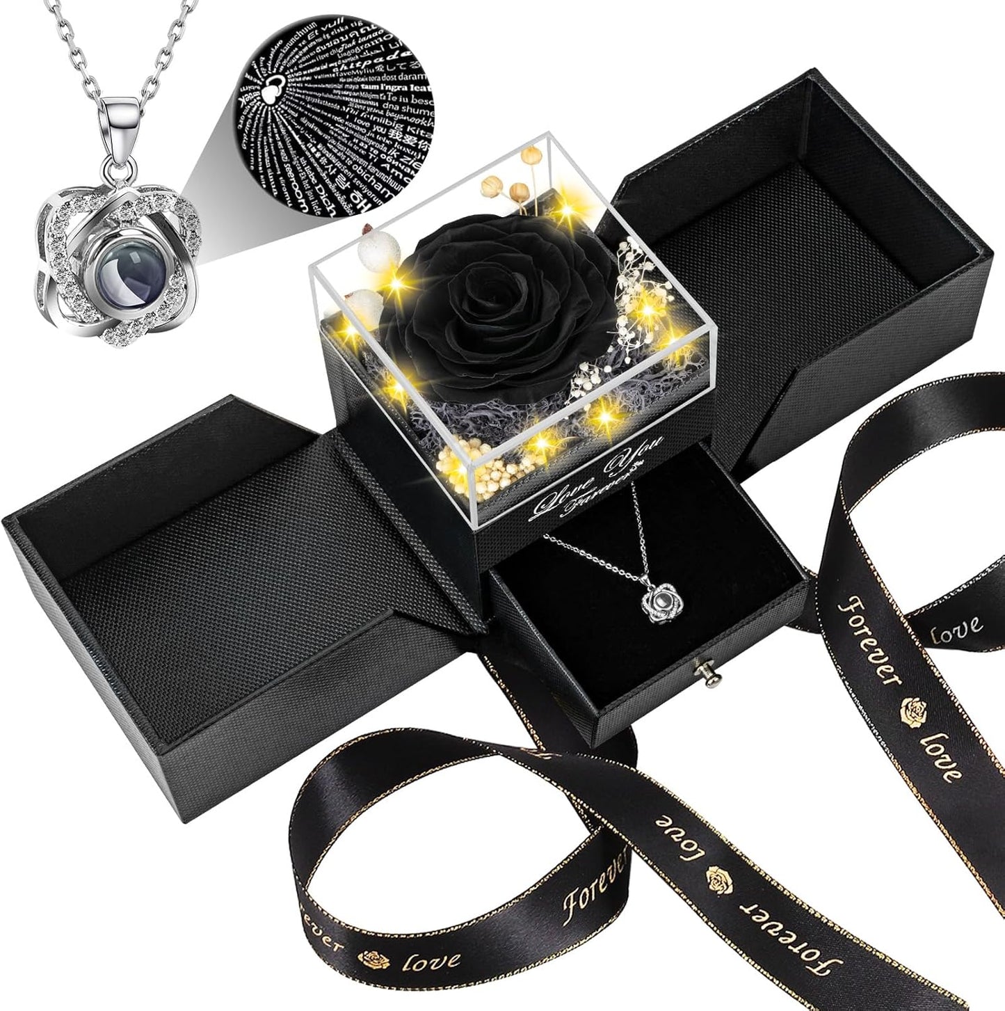 Preserved Black Real Rose with I Love You Necklace Gift Set