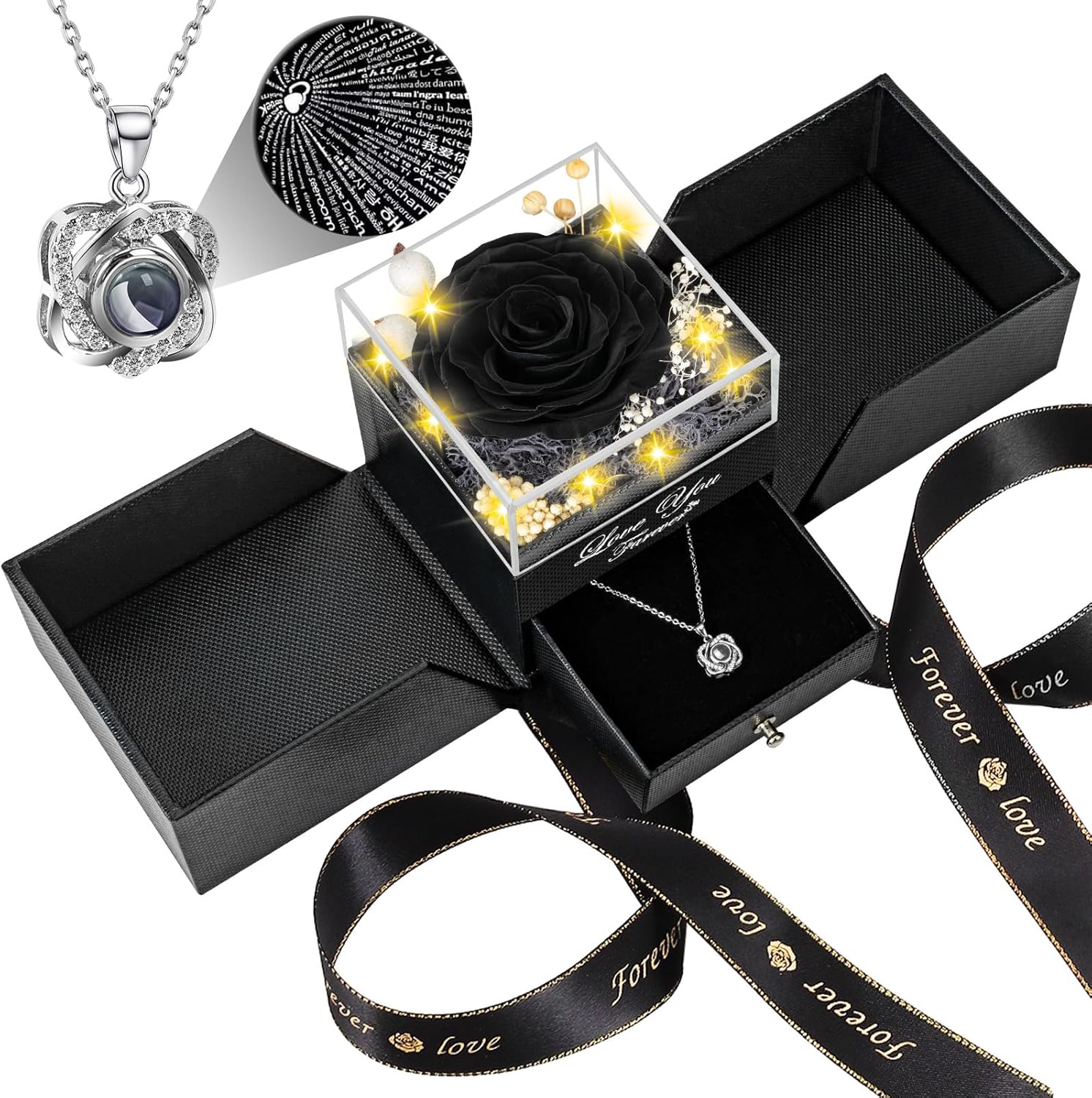 Preserved Black Real Rose with I Love You Necklace Gift Set