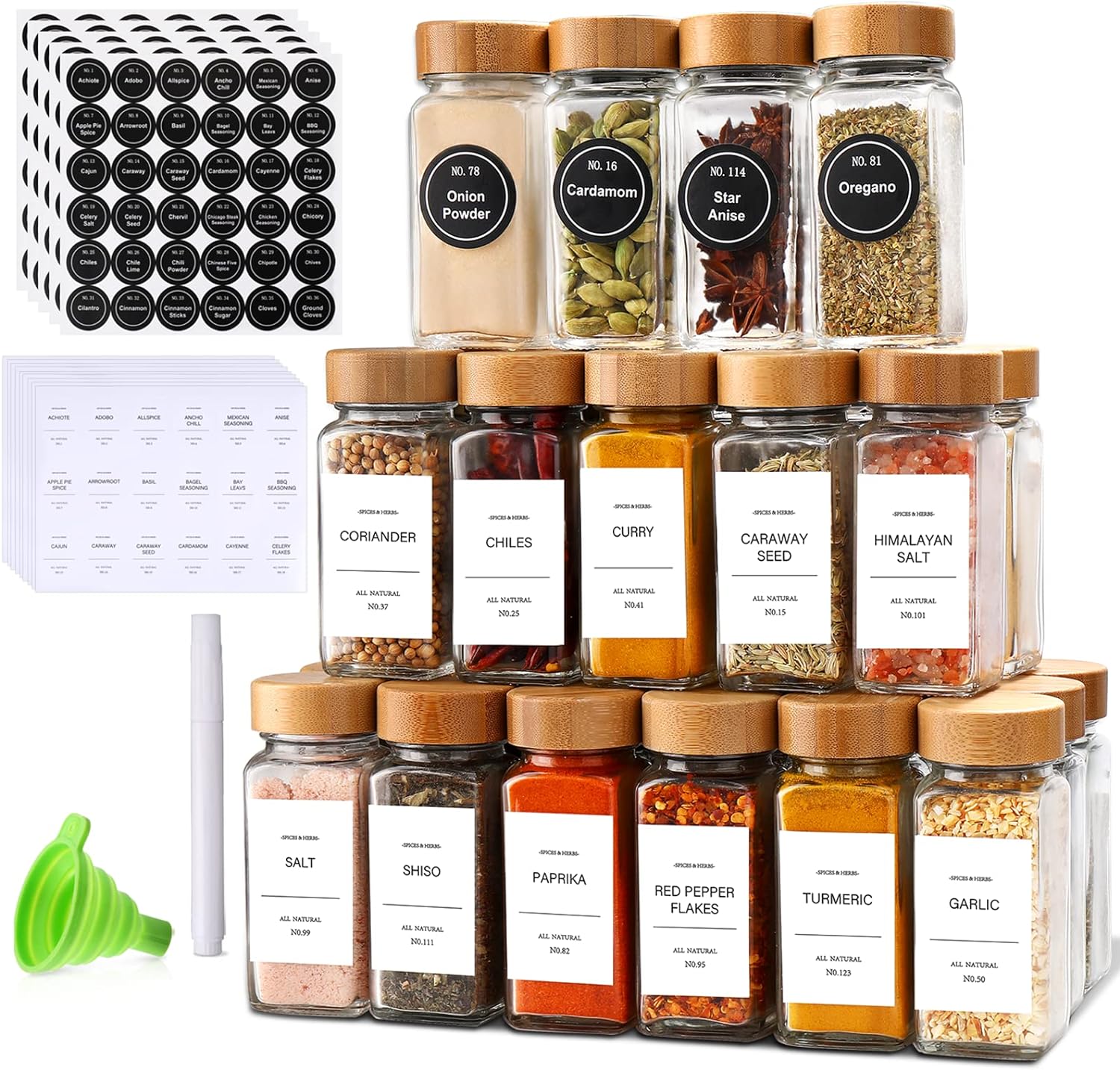 DIMBRAH Spice Jars Set - 36Pcs 4oz Glass Jars with Bamboo Lids