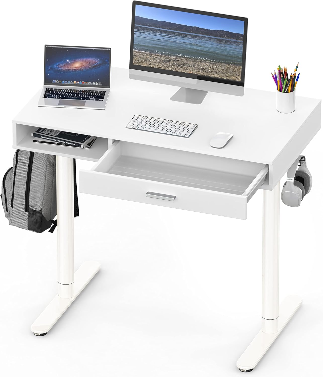 SHW Electric Standing Desk: 40-Inch Adjustable Height, Drawer White