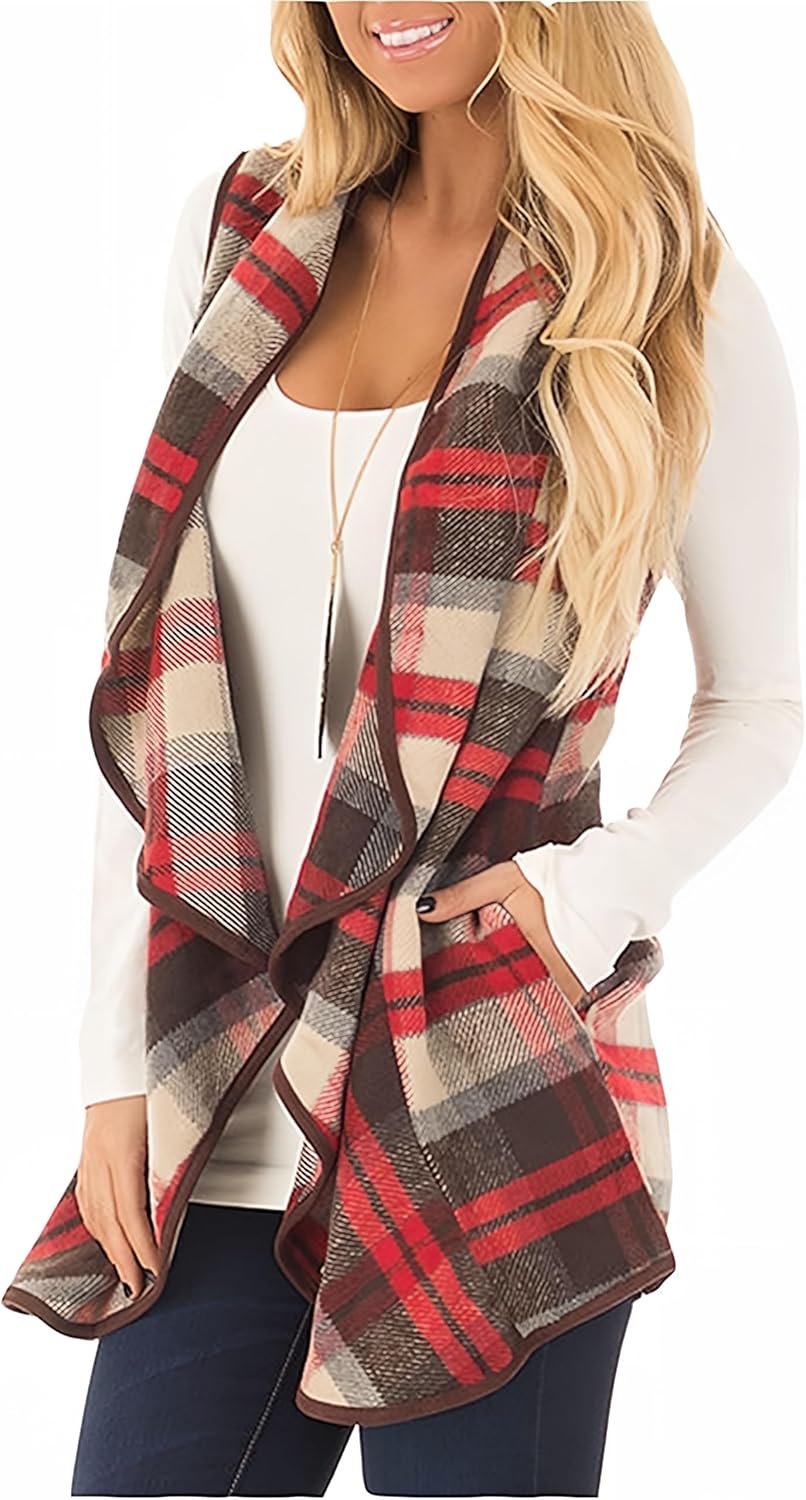 Unidear Womens Buffalo Plaid Vest Casual Open Front Cardigan