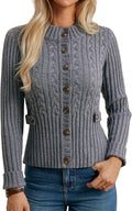 Women Cable Knit Button Up Sweater Cropped Crewneck - Early Fall 2025