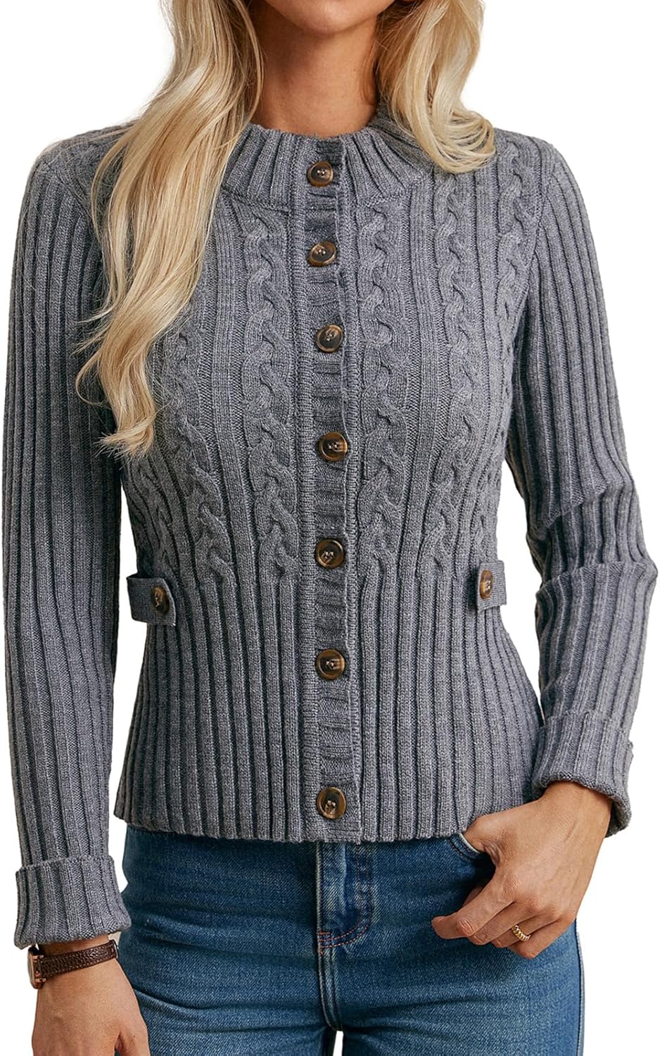 GRACE KARIN Women Cable Knit Button Up Sweater for Fall Style