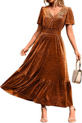 Simplee Womens Velvet Floral Maxi Dress - V Neck Fall Wedding Guest