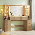 Big Vanity 59.1in Fluted Wood Makeup Desk with LED Lights