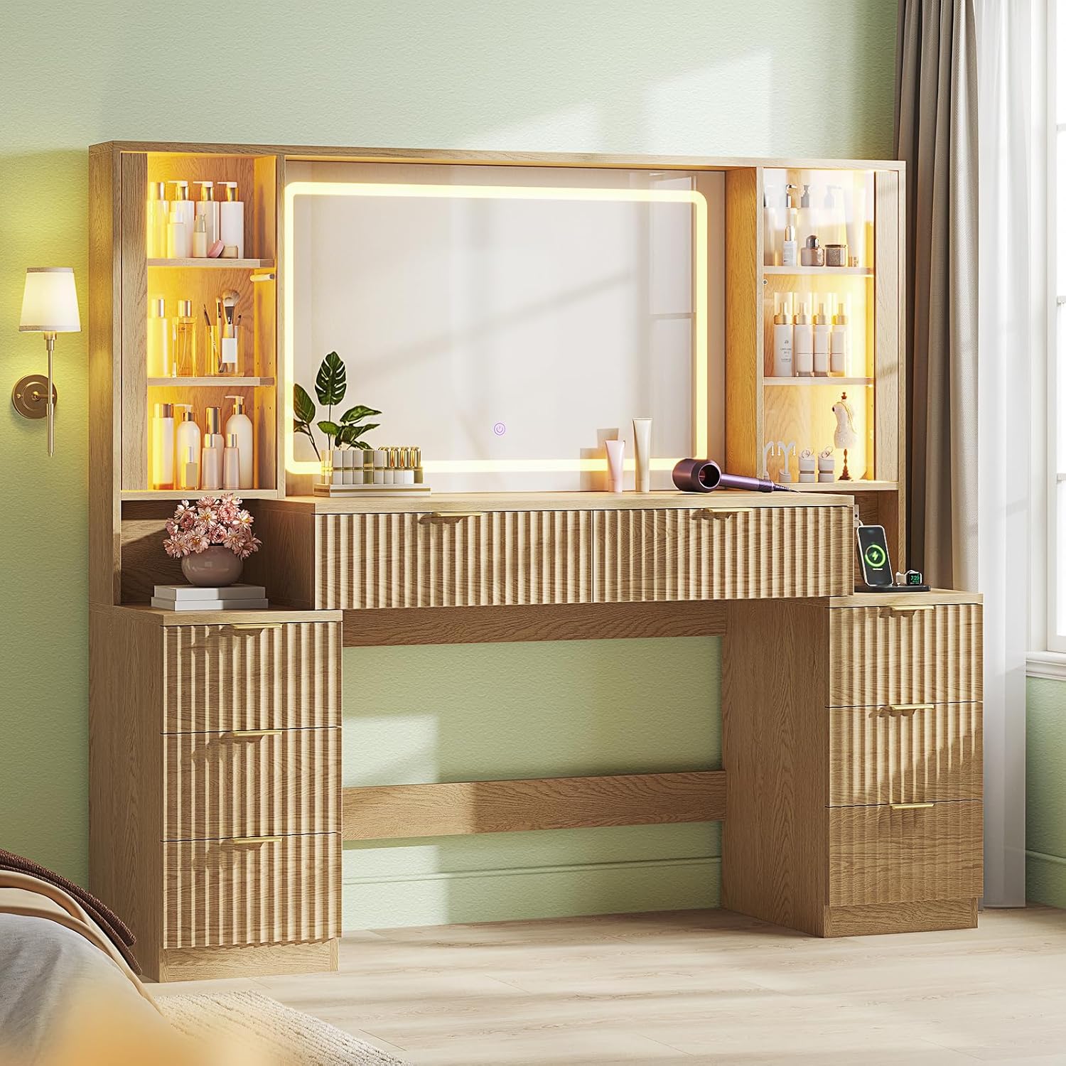 Big Vanity 59.1in Fluted Wood Makeup Desk with LED Lights