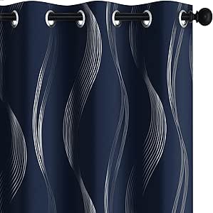 Deconovo Navy Blue Blackout Curtains with Wave Pattern Design