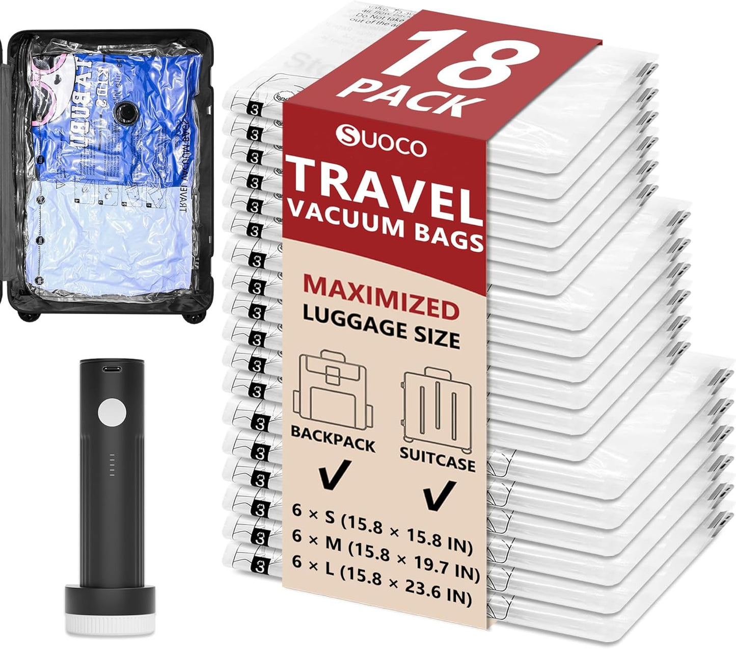 Travel Vacuum Bags for Clothing with Rechargeable Electric Pump