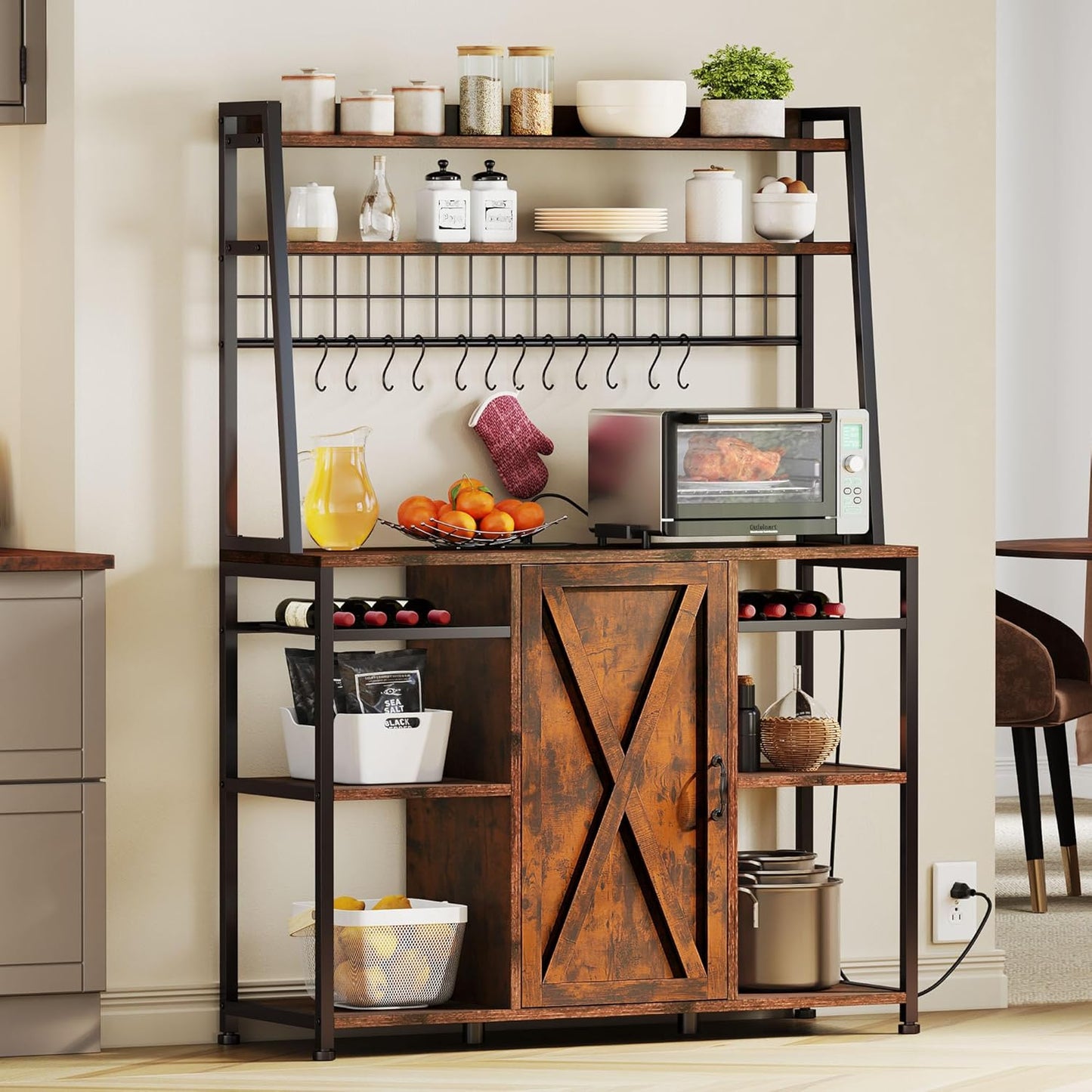 Farmhouse Kitchen Bakers Rack w/ Drawer & Outlet