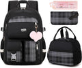 Backpack For School Women Teen Girls Plaid Black - Waterproof 3PCS