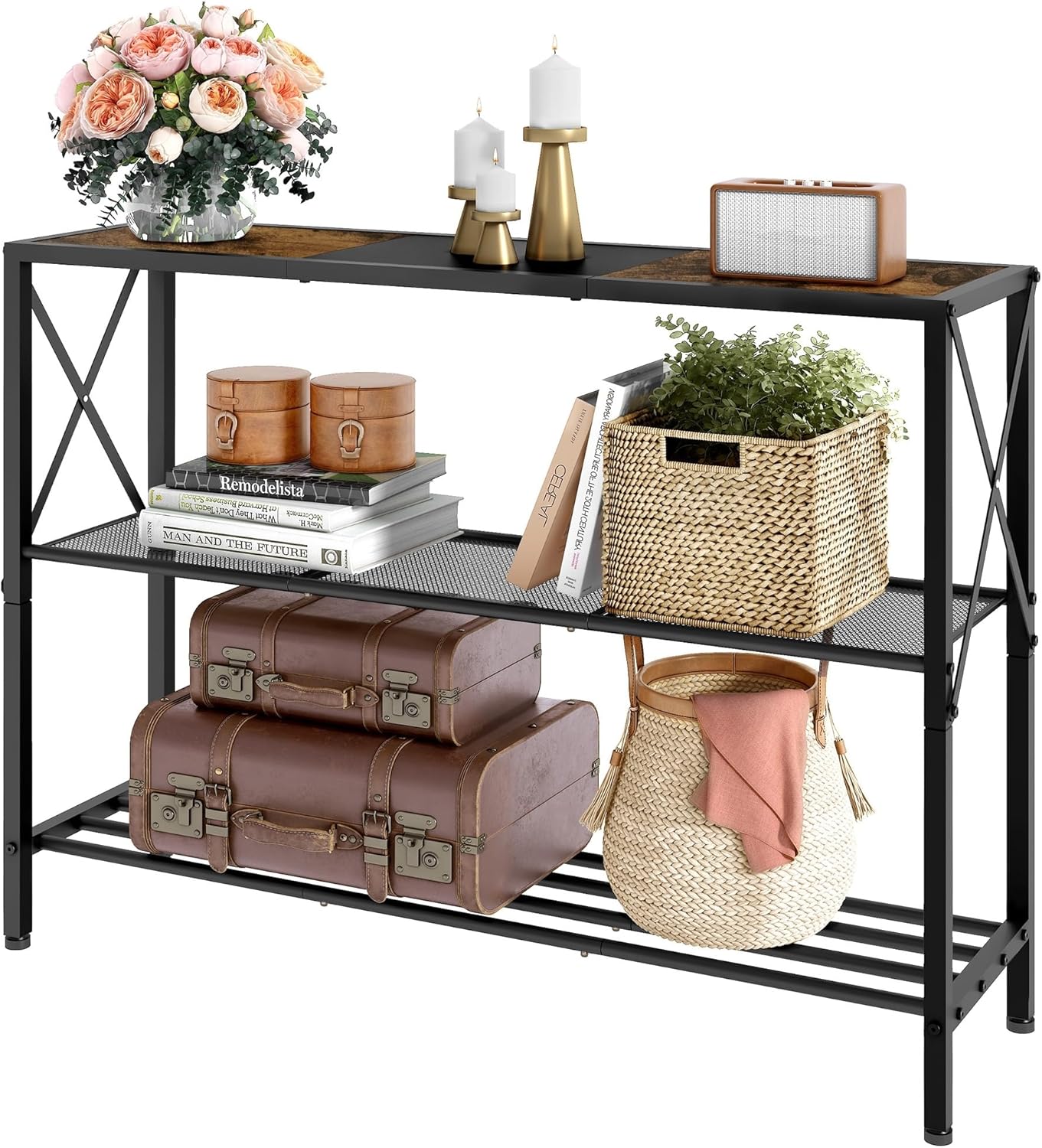 Hoctieon Industrial Console Table: Rustic 3 Tier Entryway Table