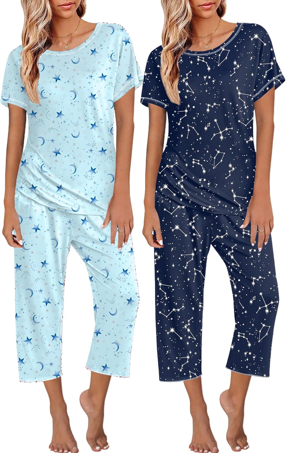 Ekouaer 2 Pack Womens Pajamas Short Sleeve Sleepwear Set