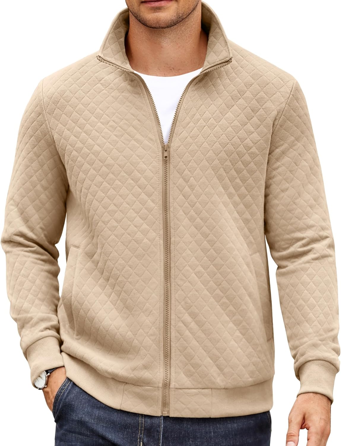 COOFANDY Mens Zip Up Sweatshirt Mock Neck Quilted Jacket Review