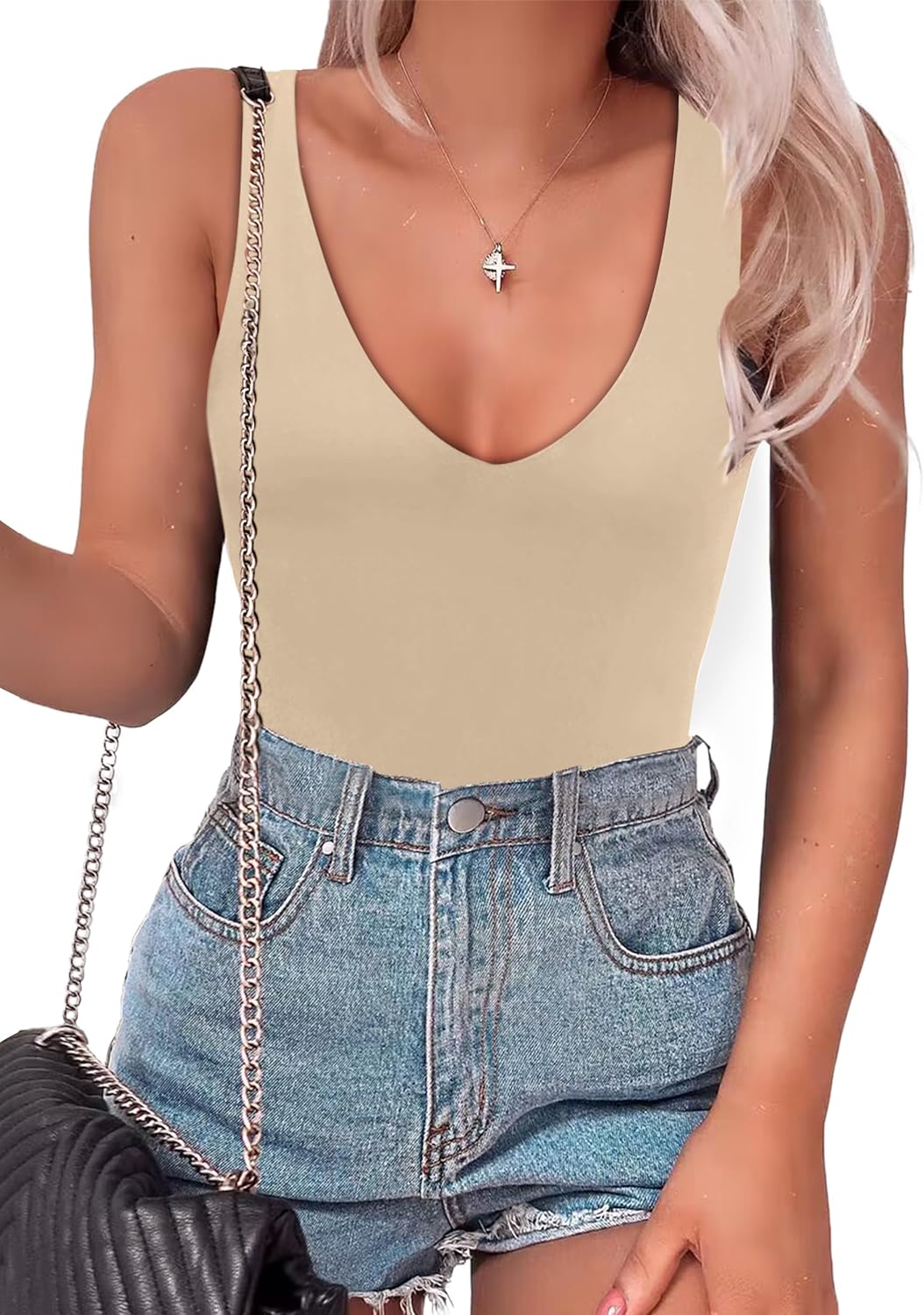 SAUNGKUAI Womens Bodysuit with Plunge Deep V Neck Design
