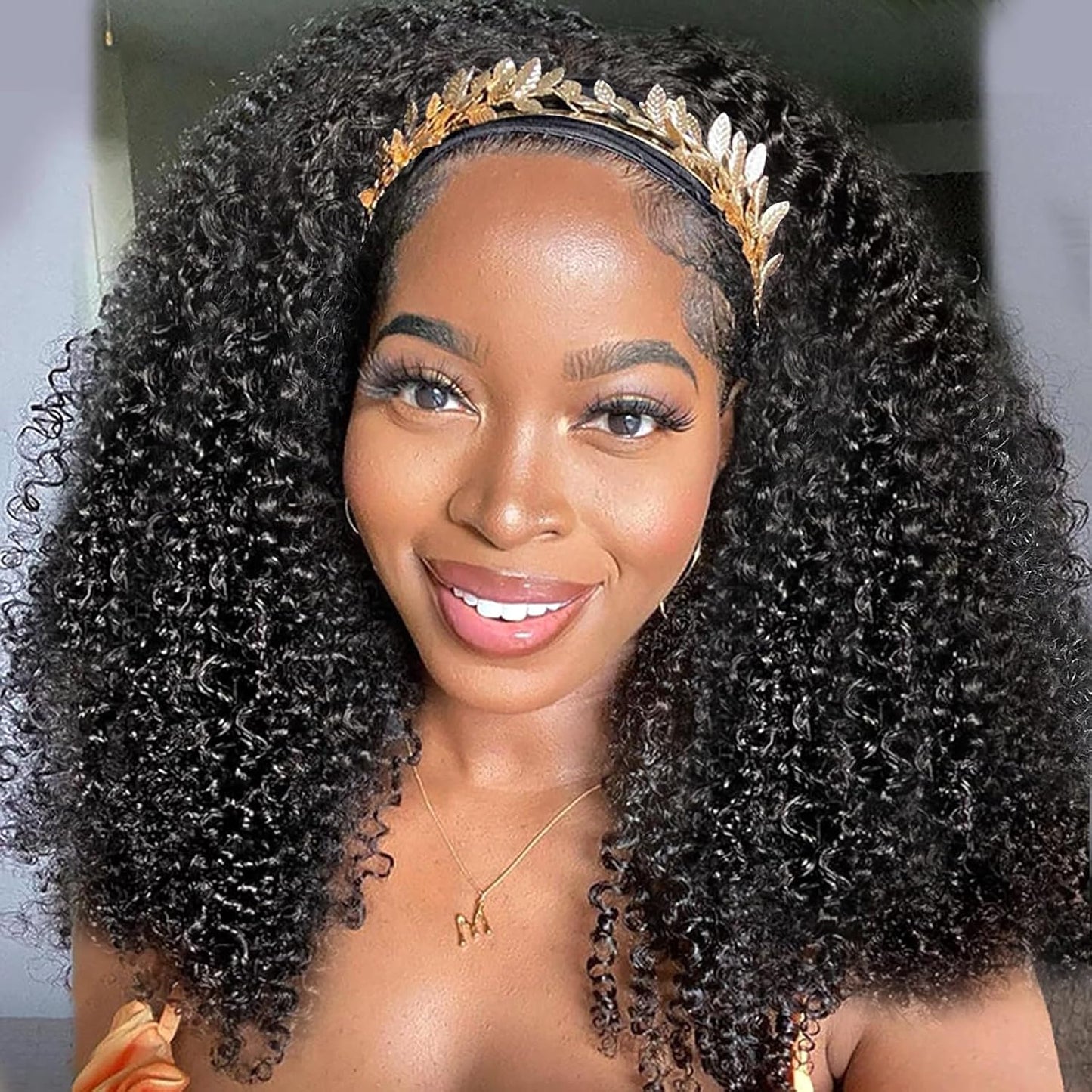 Kinky Curly Headband Wig Human Hair for Black Women 20 Inch