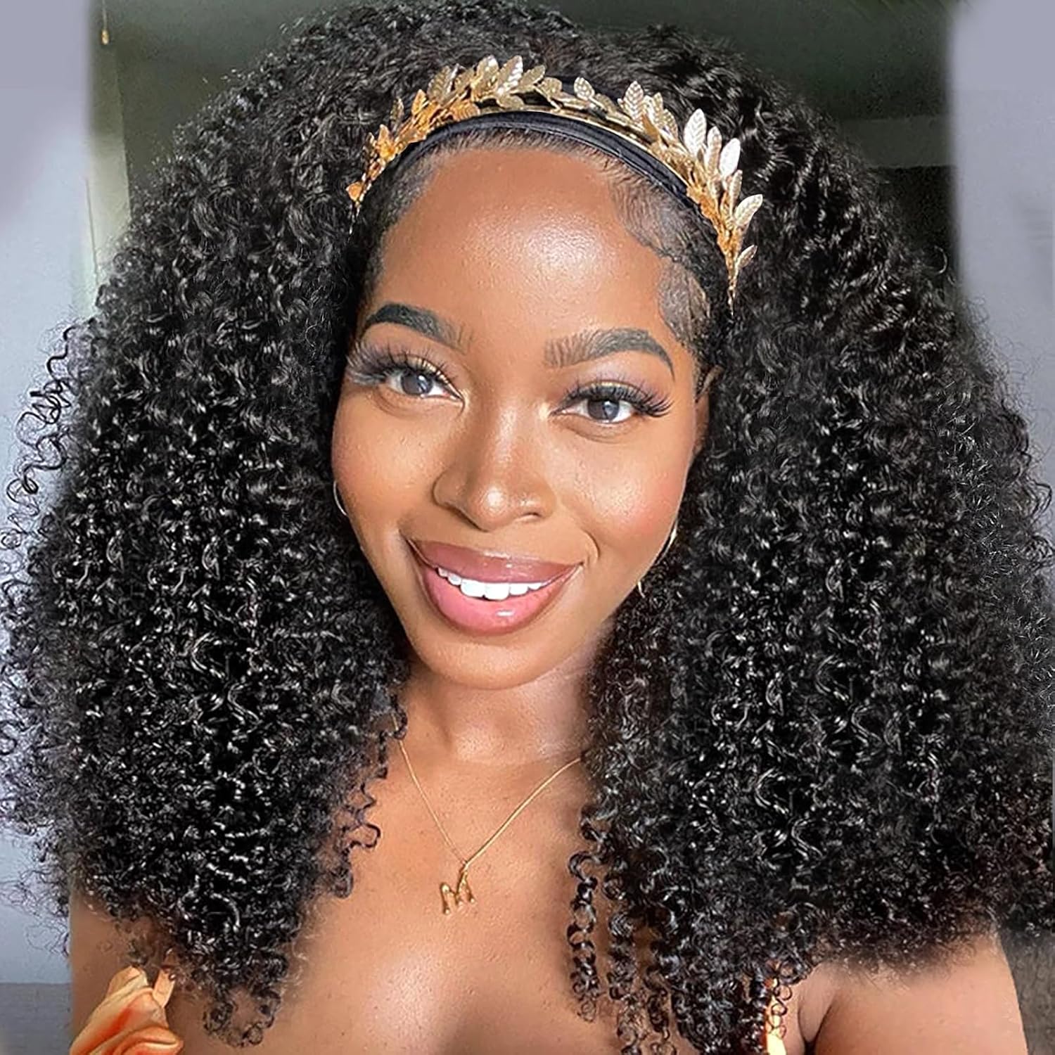 Kinky Curly Headband Wig Human Hair for Black Women 20 Inch