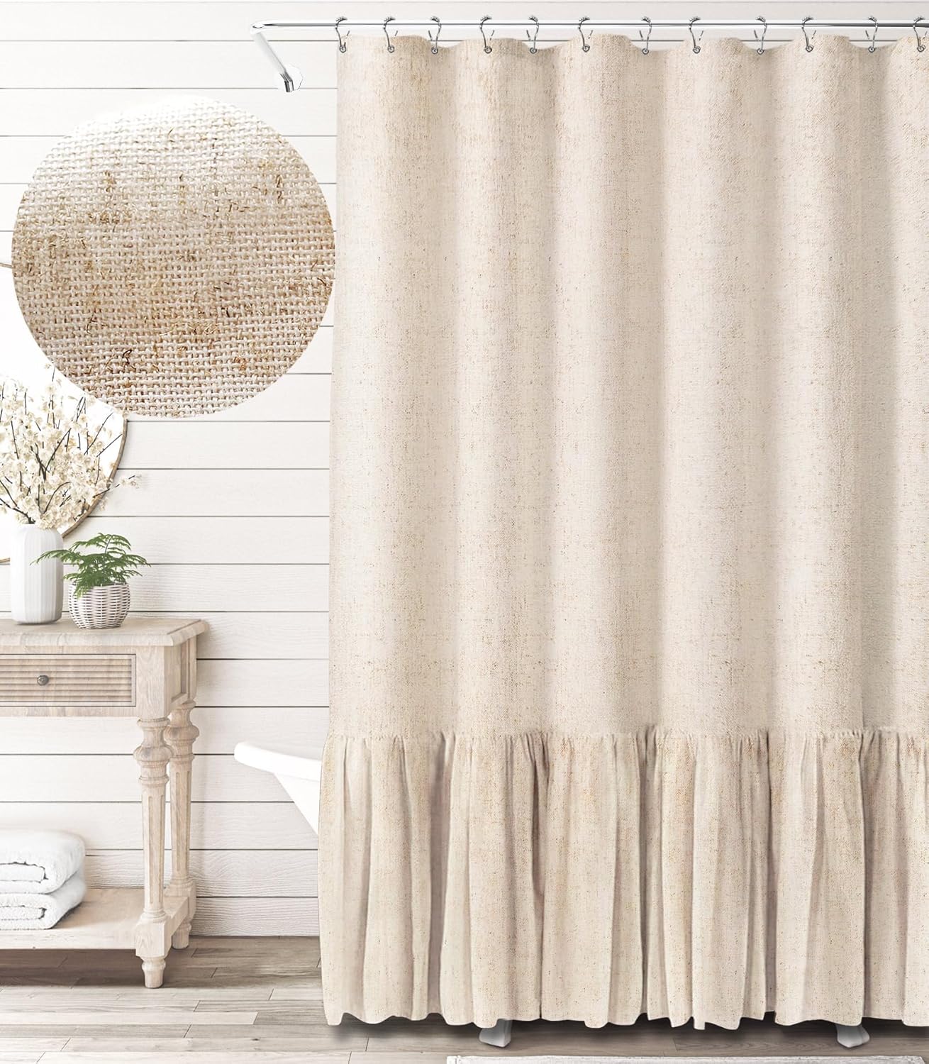 Awellife Beige Linen Ruffle Shower Curtain Set