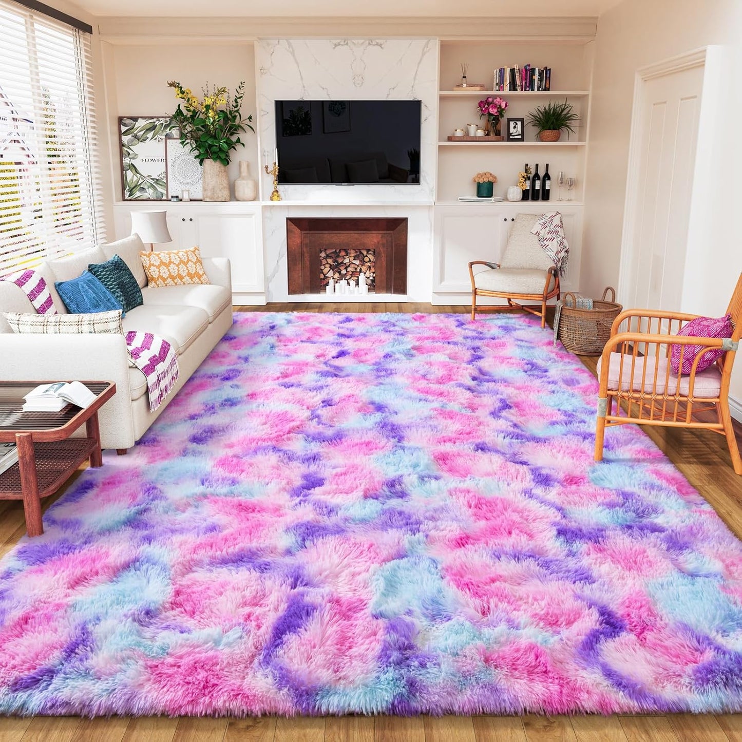 Soft Rainbow Area Rugs for Kids Room - Fluffy Cute Carpet