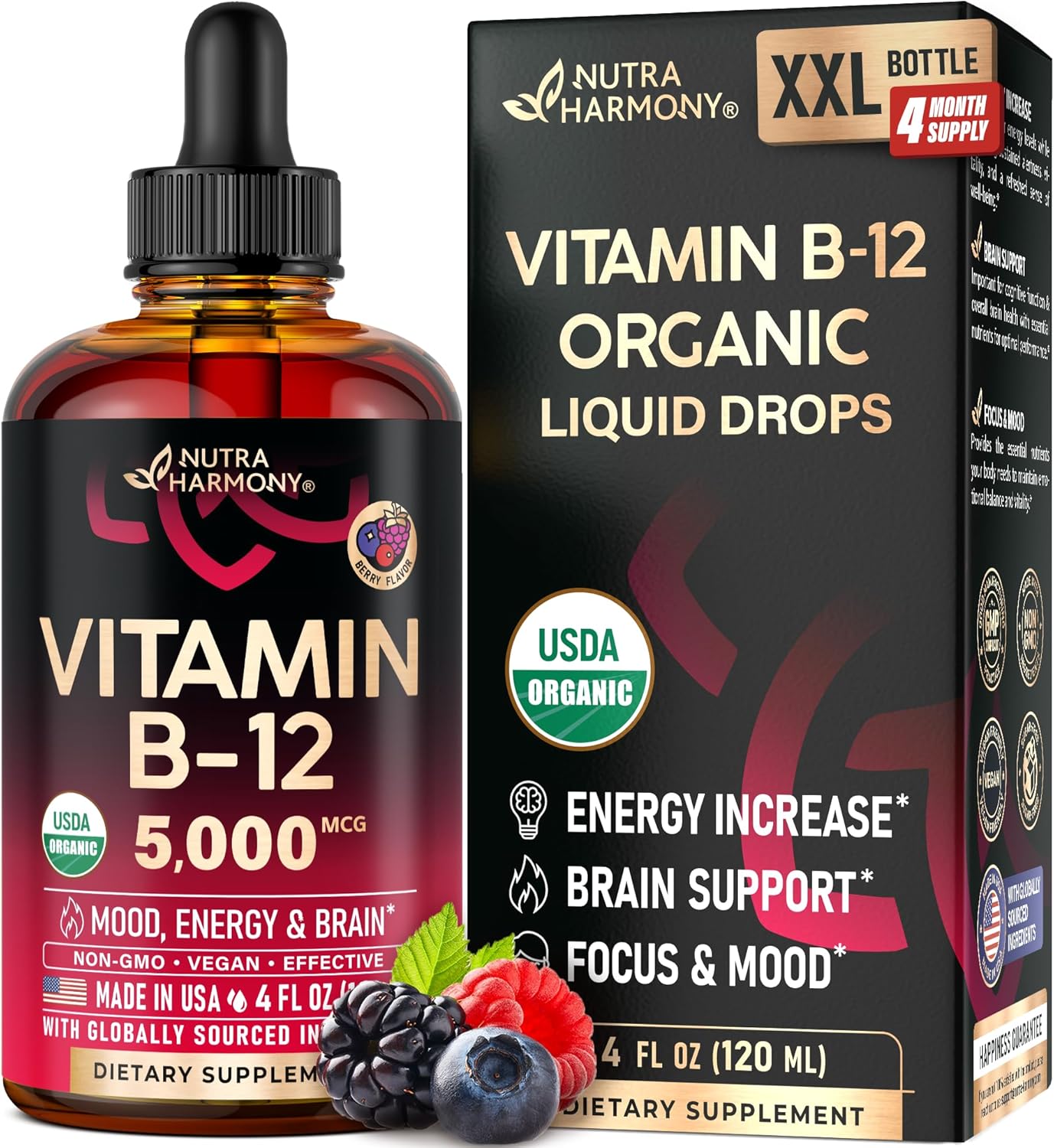 USDA Organic Vitamin B12 Sublingual Drops for Energy & Focus