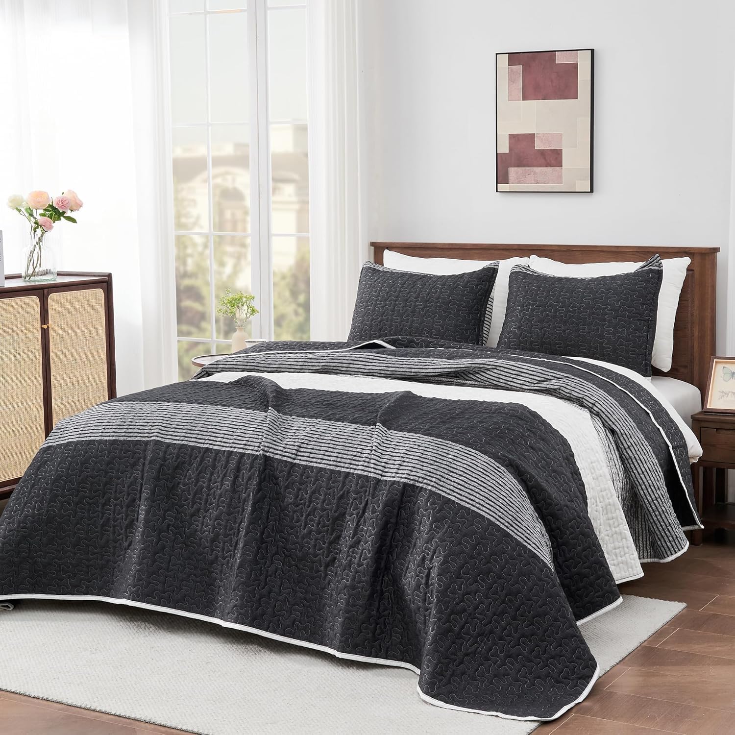 Andency California King Quilt Set Black and White for All Seasons