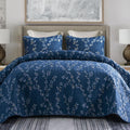 Queen Size Navy Floral Reversible Boho Quilt Set - All Season