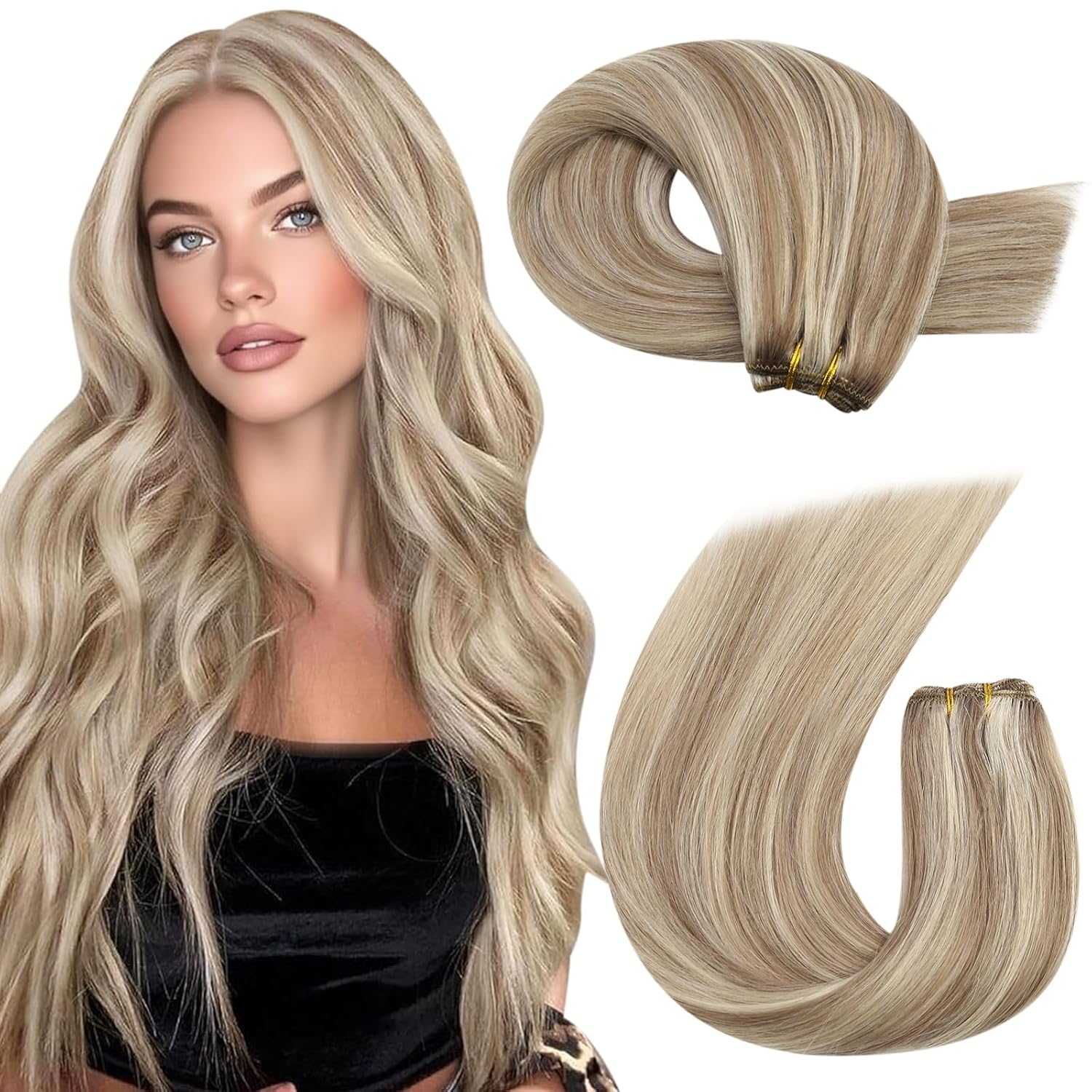 Moresoo Weft Hair Extensions Light Brown with Blonde Highlights