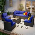 7 Piece Outdoor Sectional Sofa Set Coffee/Blue - Modular Rattan Patio