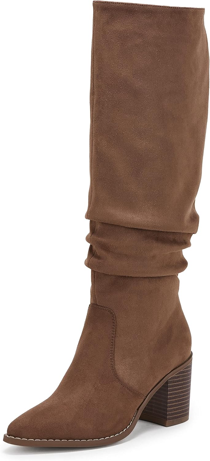 Huiyuzhi Womens Pointed Toe Mid Chunky Heel Knee High Boots