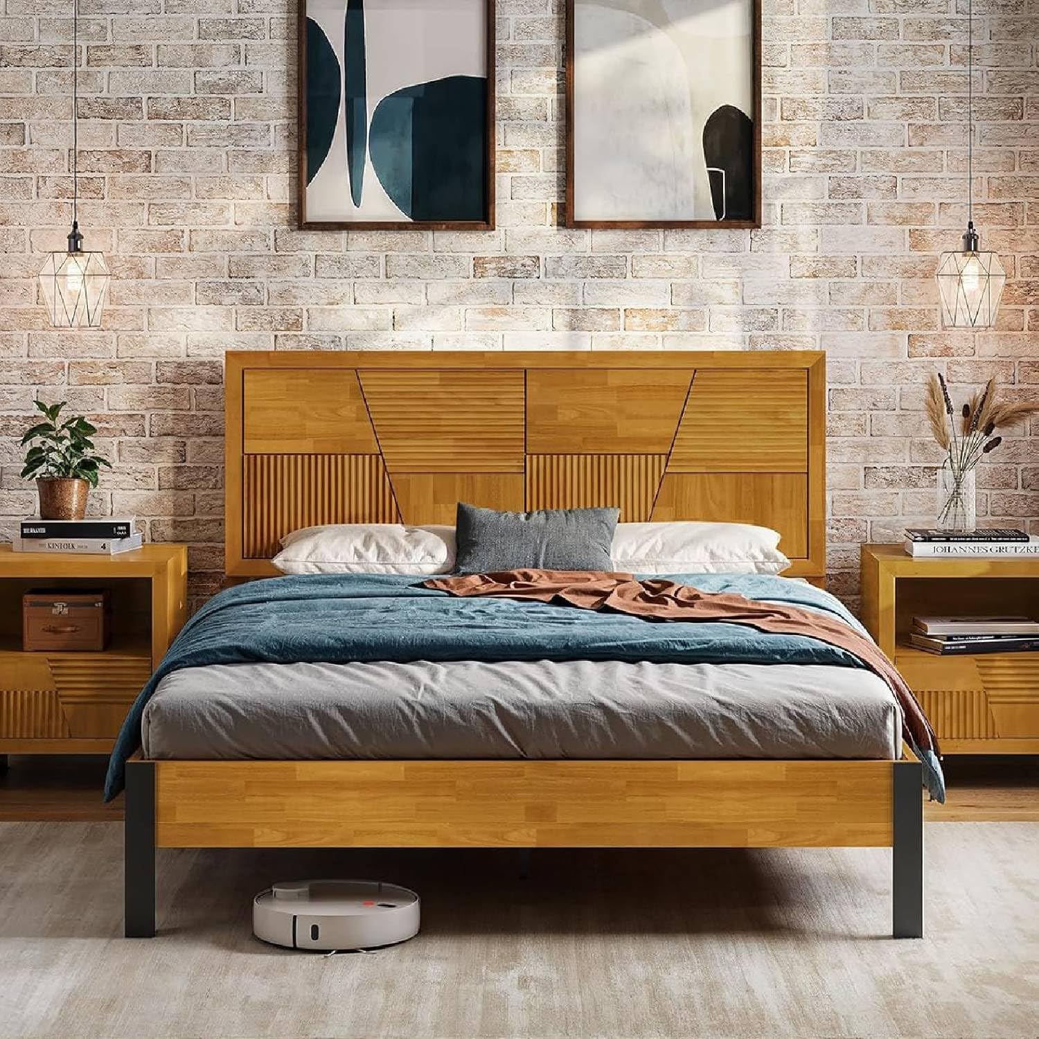 Bme Trapeze Queen Bed Frame with Modern Solid Wood Design