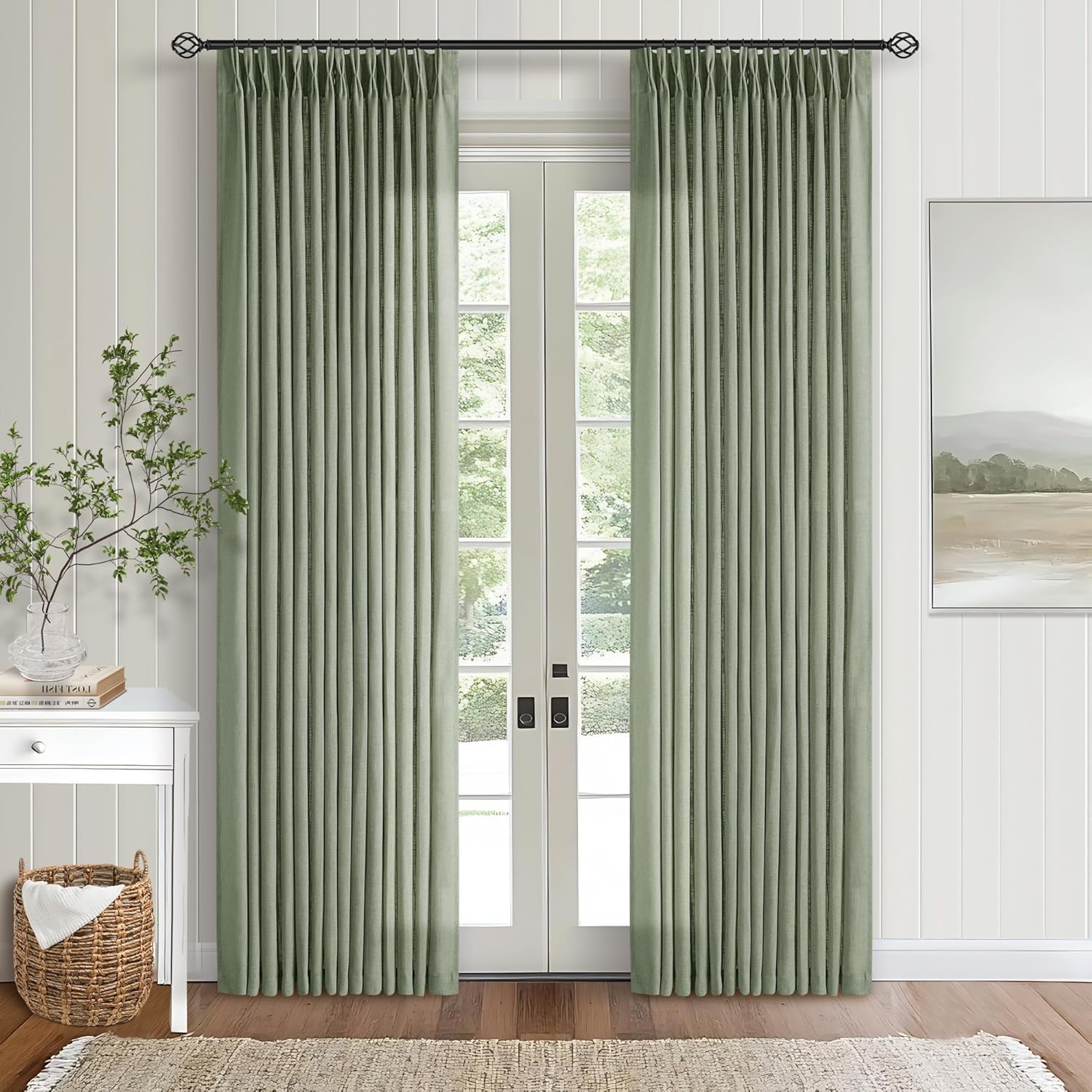 Sage Green Pinch Pleated Linen Curtains for Living Room 80 in
