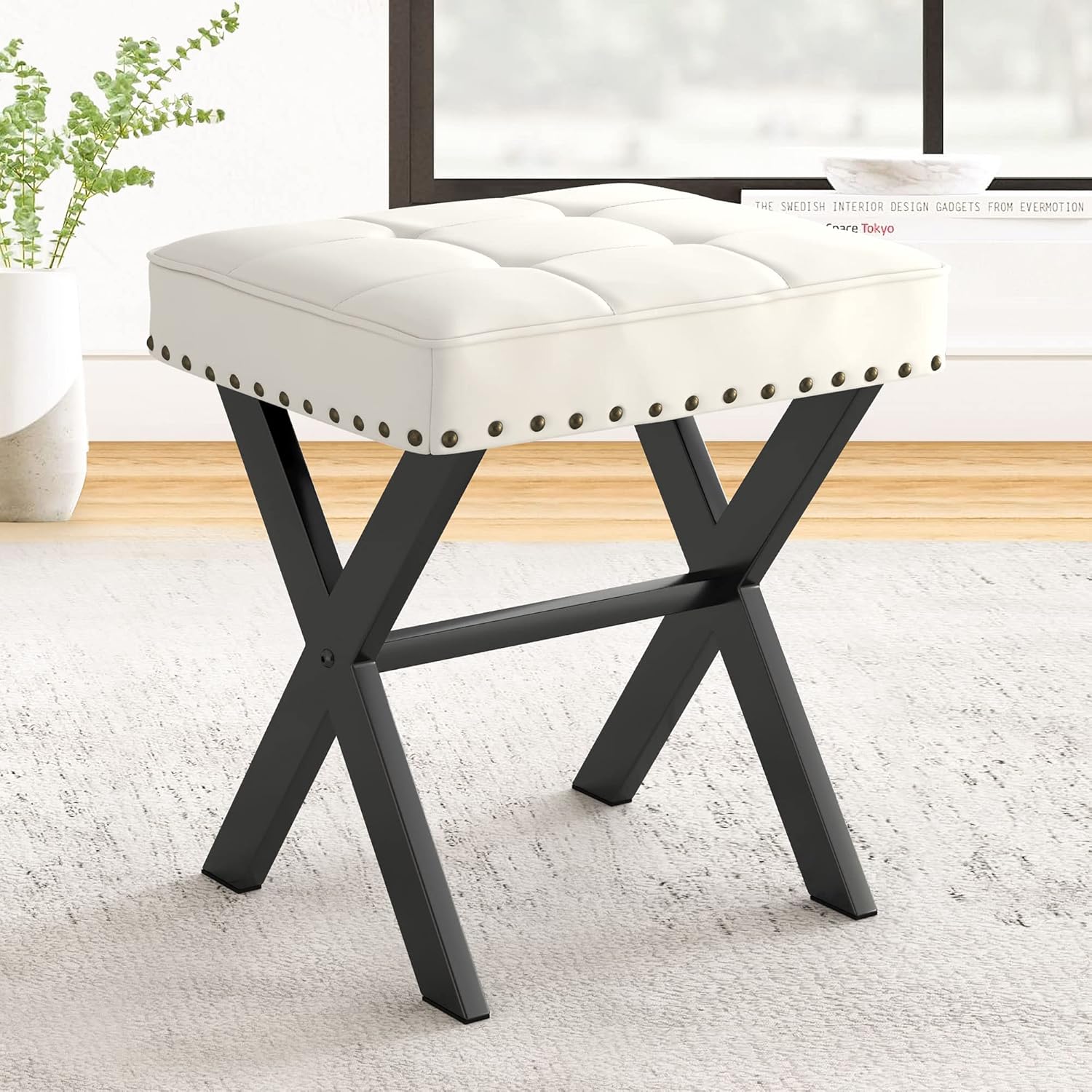 LUE BONA White Vanity Stool - Stylish Faux Leather Makeup Seat