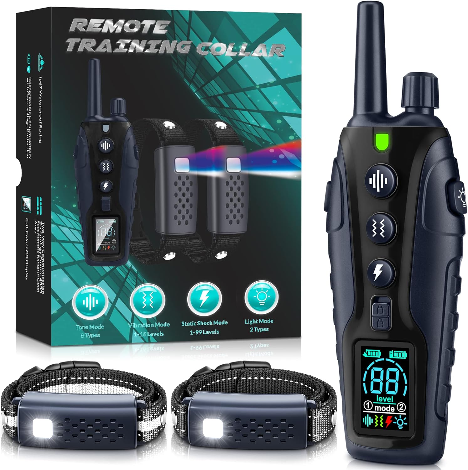 Dog Shock Collar for 2 Dogs with Flashing Light and Remote Control