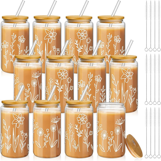 Mumufy 12 Pack Gift for Women Cute Glass Cup Tumbler Set
