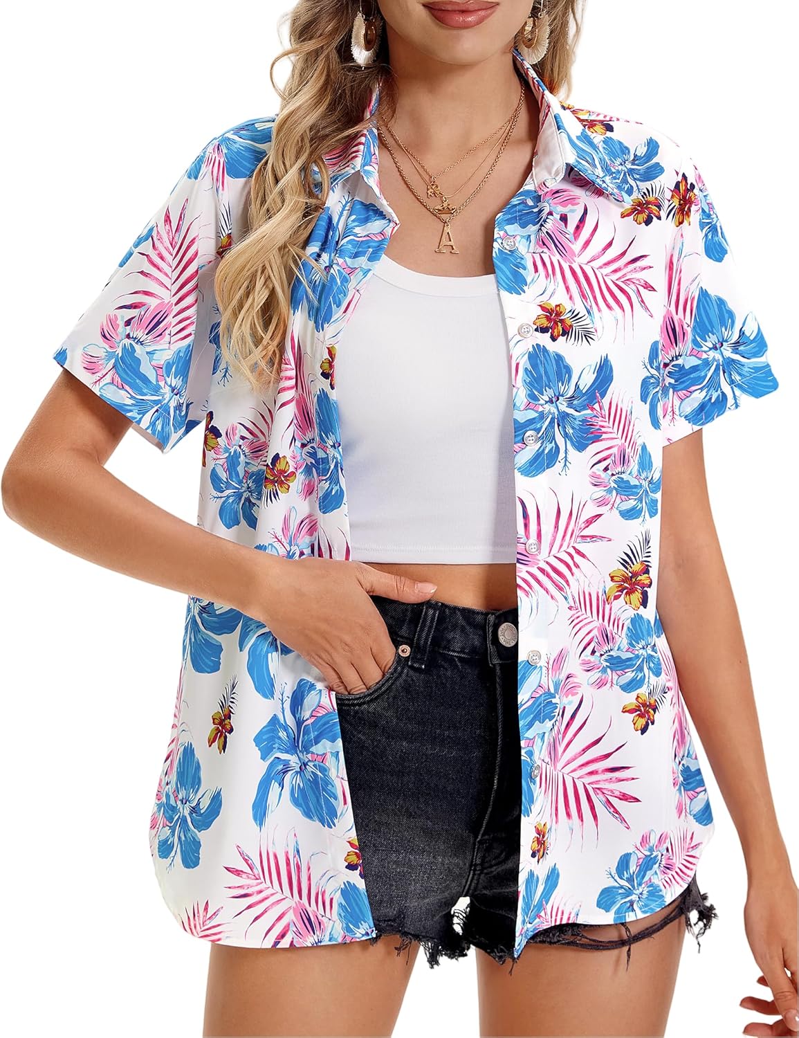 Womens Hawaiian Shirt Soft Cool Summer Floral V Neck Tops