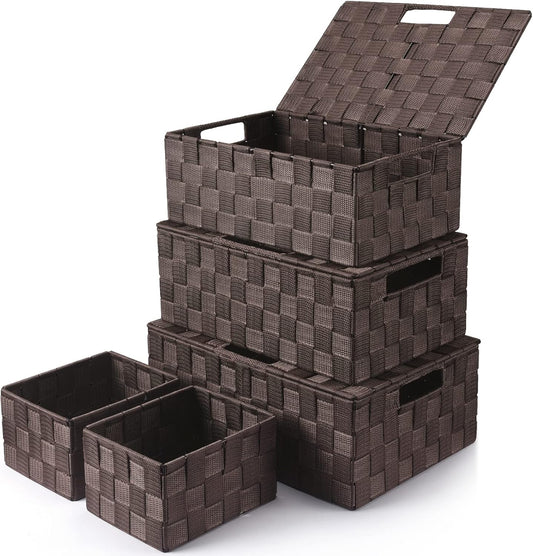 Storage Bins Baskets for Organizing with Lids - 5 Pack Brown