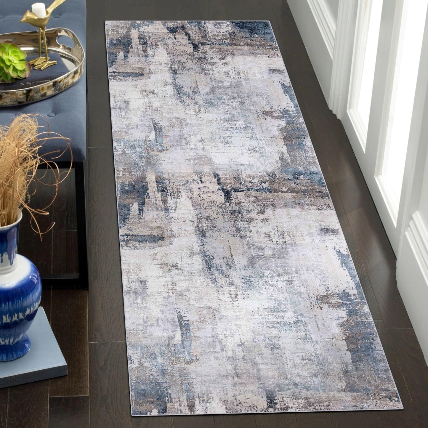 Vivorug Runner Rug 2ftx7ft Machine Washable Non-Slip Grey/Navy