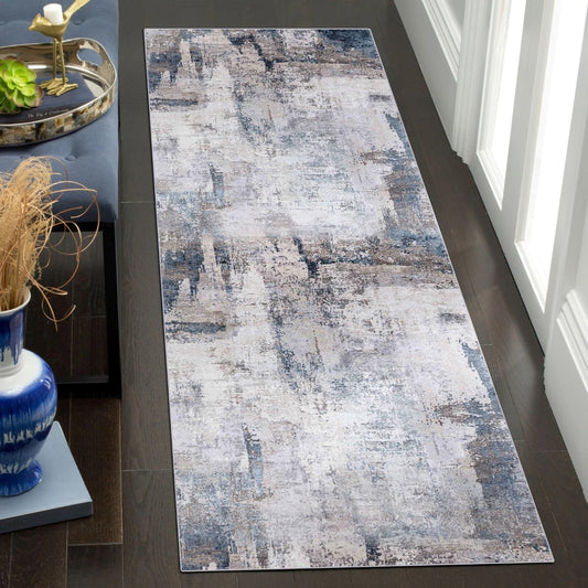 Vivorug Runner Rug 2ftx7ft Machine Washable Non-Slip Grey/Navy