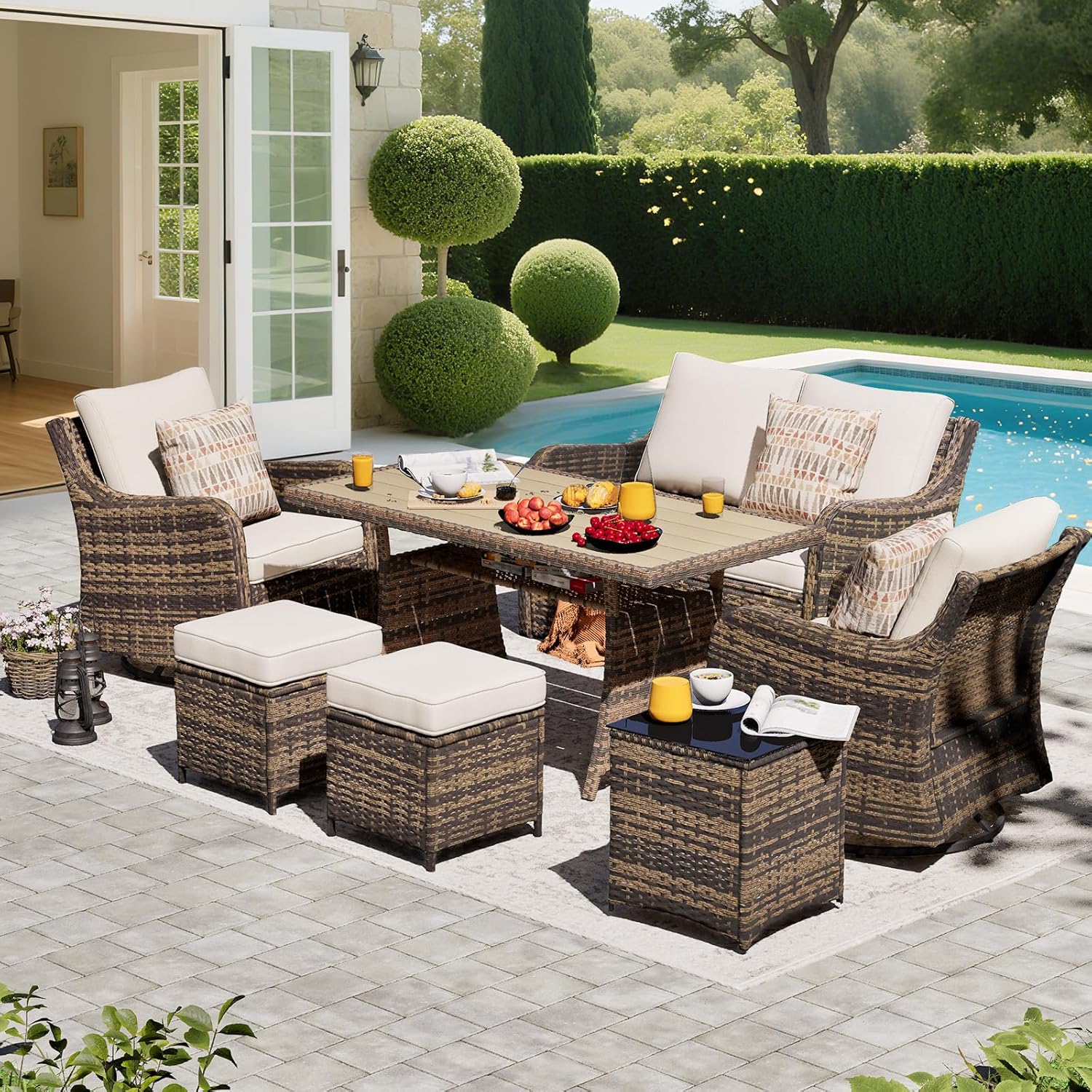 7 Pieces Outdoor Patio Furniture Set with Swivel Chairs and Table