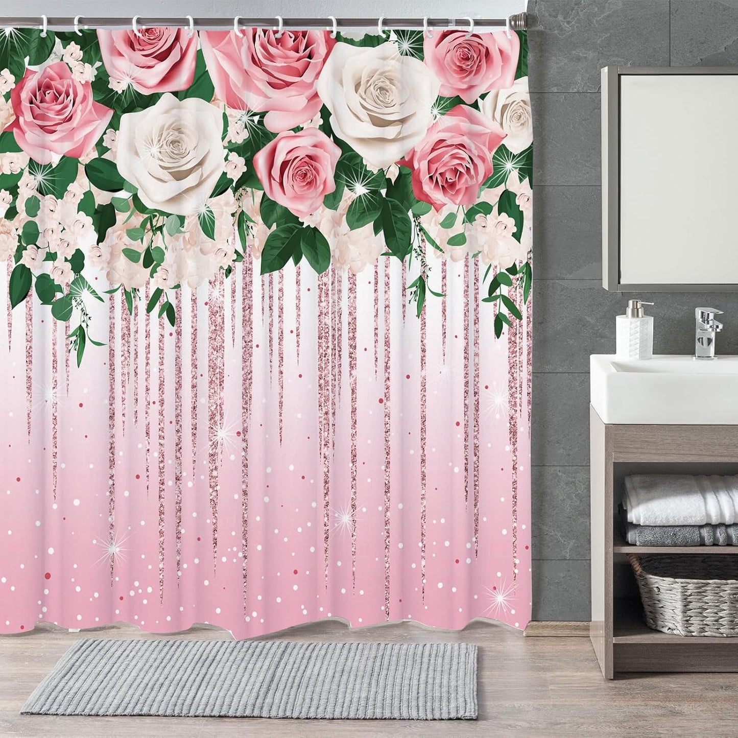 Sparkling Pink Roses Shower Curtain Set