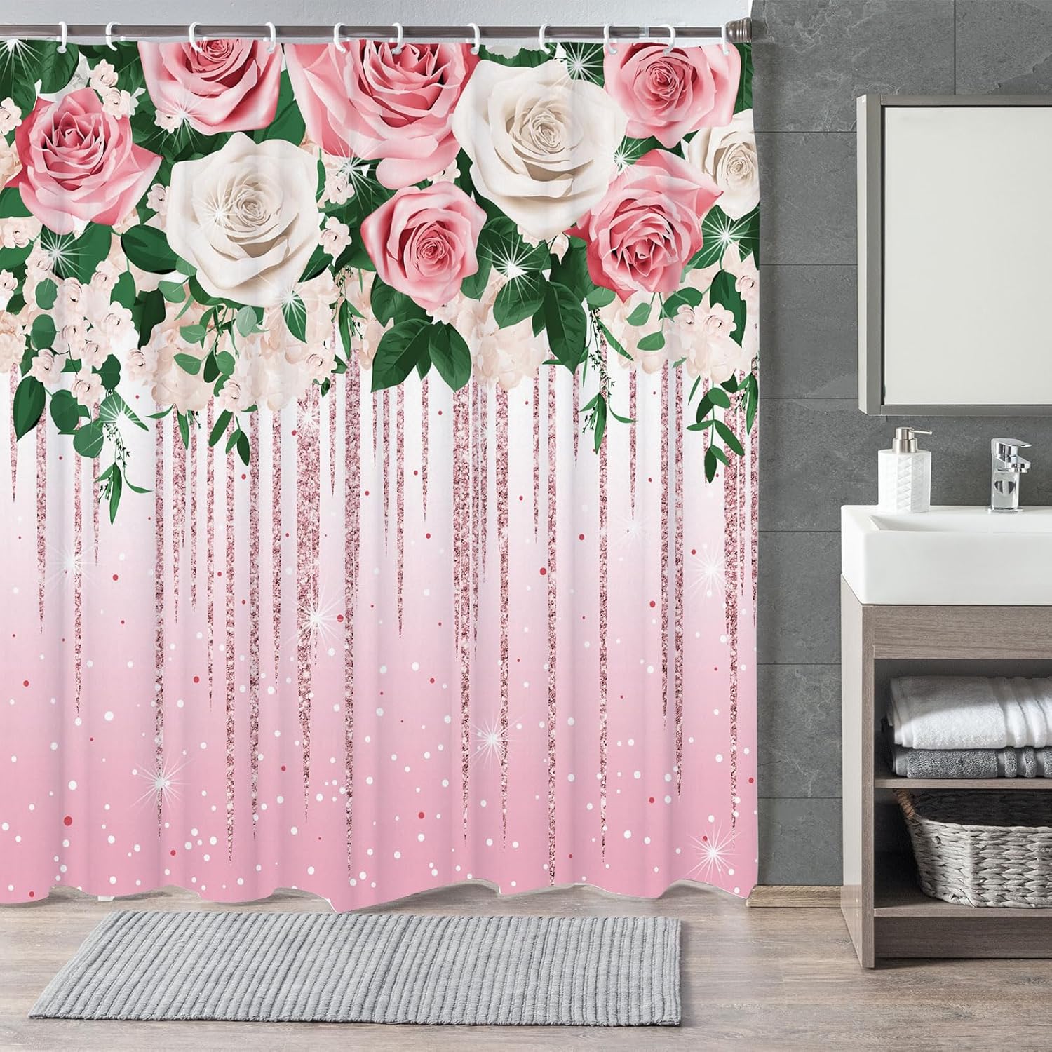 Sparkling Pink Roses Shower Curtain Set